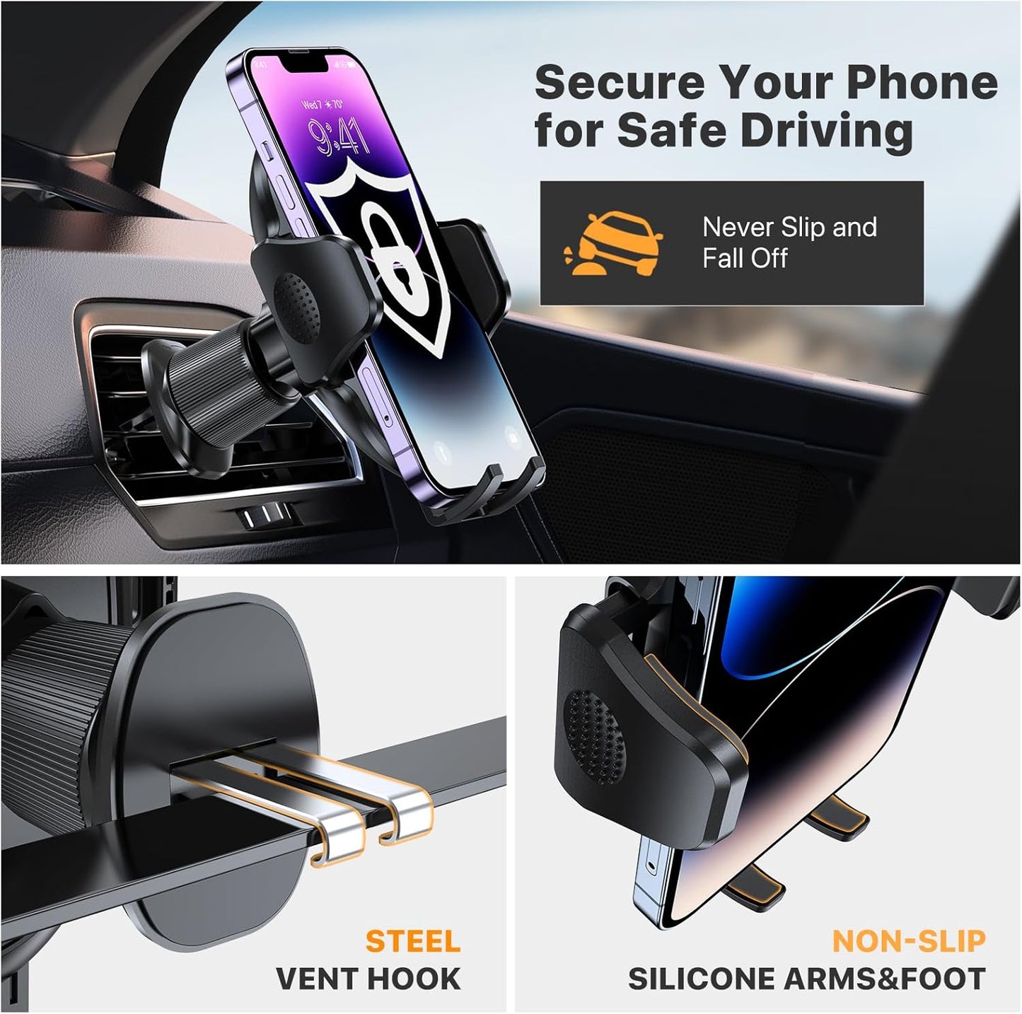 Phone Holders for Your Car with Metal Hook Clip, Air Vent Cell Phone Stand Car Mount, Universal Automobile Cradle Fit for Iphone Android and All Smartphones, Dark Black