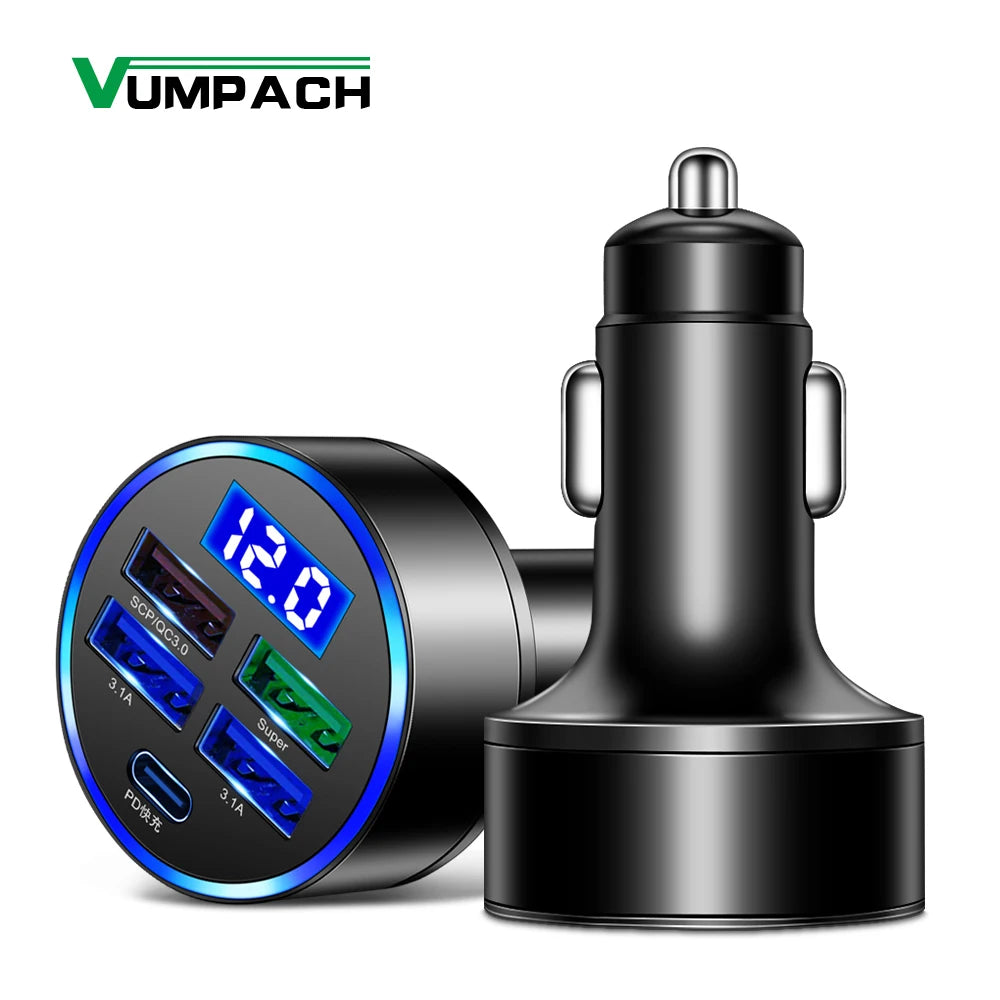 250W LED Car Charger 5 Ports Fast Charge PD QC3.0 USB C Car Phone Charger Type C Adapter in Car for Iphone Samsung Huawei Xiaomi