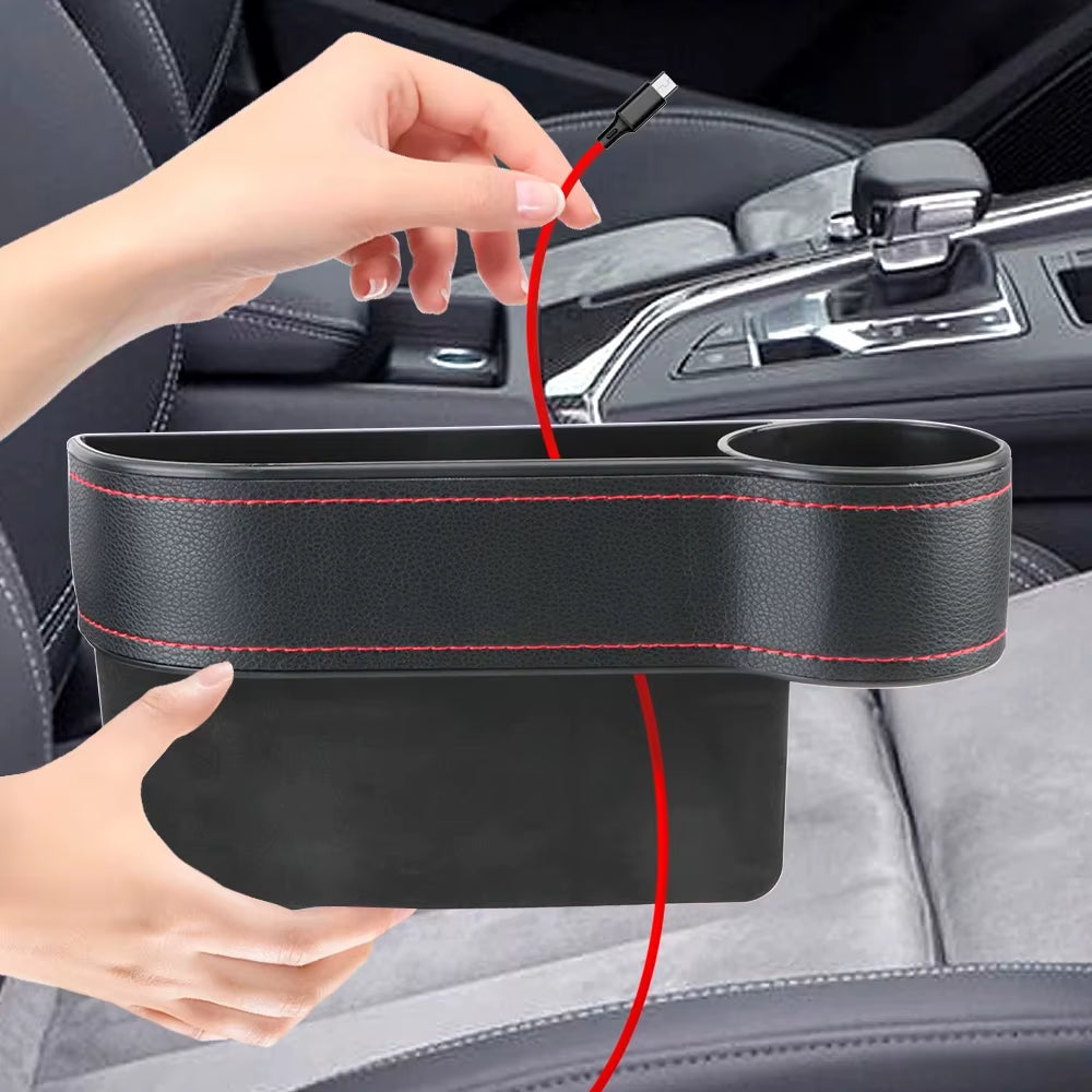 PU Leather Car Seat Gap Storage Box Universal Seat Gap Slit Box with Charging Hole Phone Bottle Keys Holder Box Auto Organizer