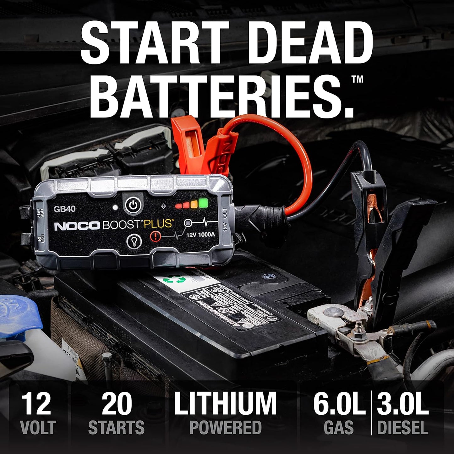Boost plus GB40 1000A Ultrasafe Car Battery Jump Starter, 12V Jump Starter Battery Pack, Battery Booster, Jump Box, Portable Charger and Jumper Cables for 6.0L Gasoline and 3.0L Diesel Engines